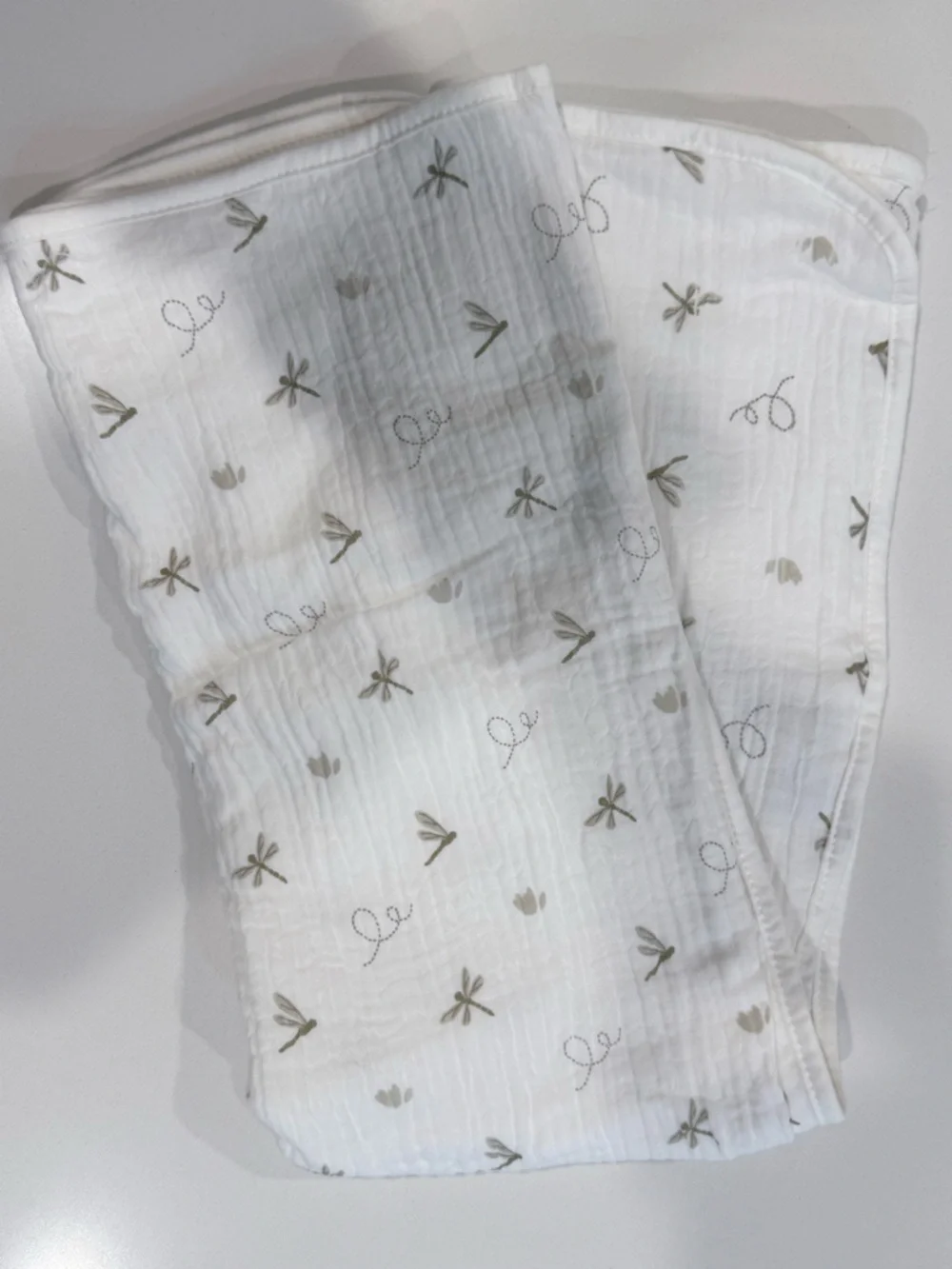 Soft Muslin Baby Bath Wrap - White with Olive Prints